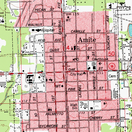 Topographic Map of Amite City Police Department, LA