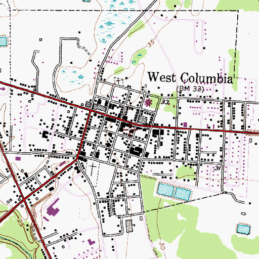 Topographic Map of West Columbia Volunteer Fire Department, TX