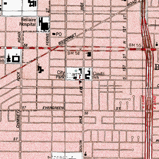 Topographic Map of Bellaire Fire Department, TX