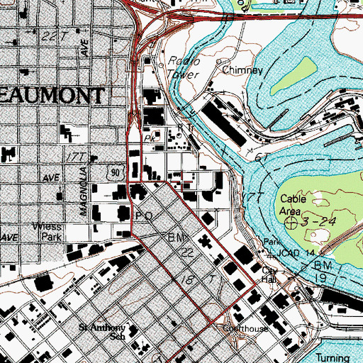 Topographic Map of Beaumont Fire Department Administrative Building, TX