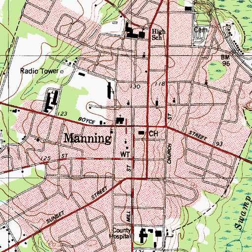 Topographic Map of Manning Police Department, SC