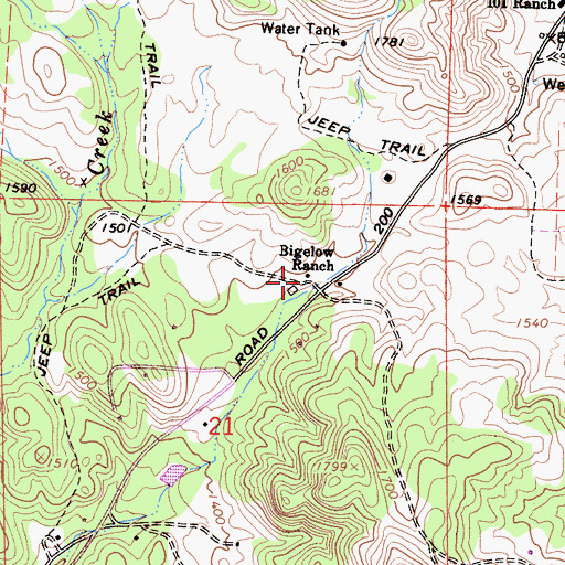 Topographic Map of Bigelow Ranch, CA