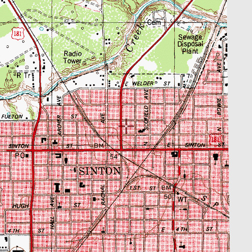 Topographic Map of Sinton Police Department, TX