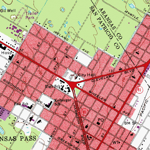 Topographic Map of Aransas Pass Police Department, TX