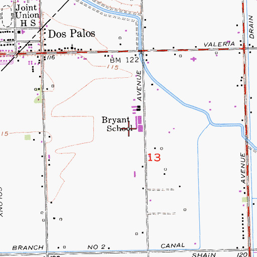 Topographic Map of Bryant Middle School, CA