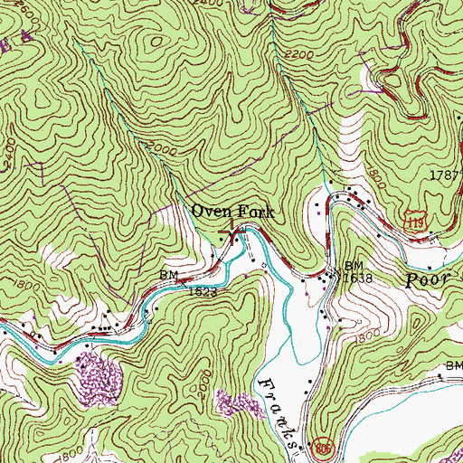 Topographic Map of Oven Fork Post Office (historical), KY