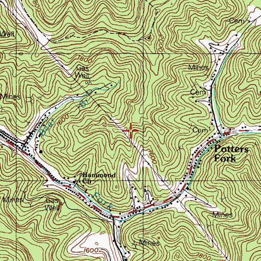 Topographic Map of Potters Fork Post Office (historical), KY