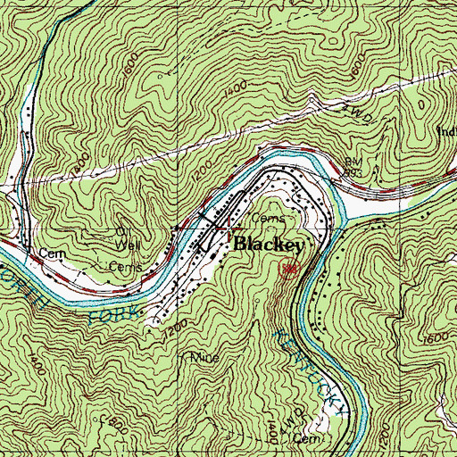 Topographic Map of Blackey Railroad Station (historical), KY