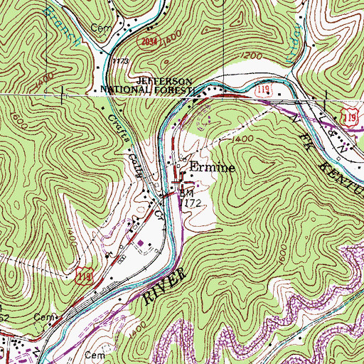 Topographic Map of Ermine Post Office, KY