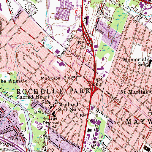 Topographic Map of Rochelle Park Town Hall, NJ