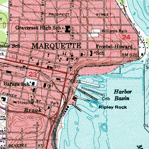 Topographic Map of First Steam Railroad in Upper Peninsula Historical Marker, MI