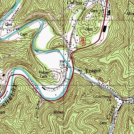 Topographic Map of Yeager Railroad Station (historical), KY