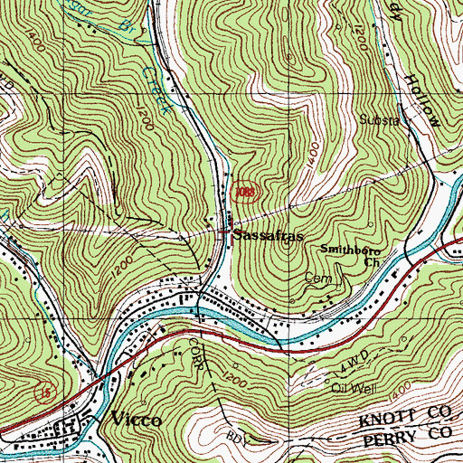 Topographic Map of Sassafras Post Office (historical), KY