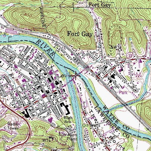 Topographic Map of Louisa and Fort Gay Bridge, WV