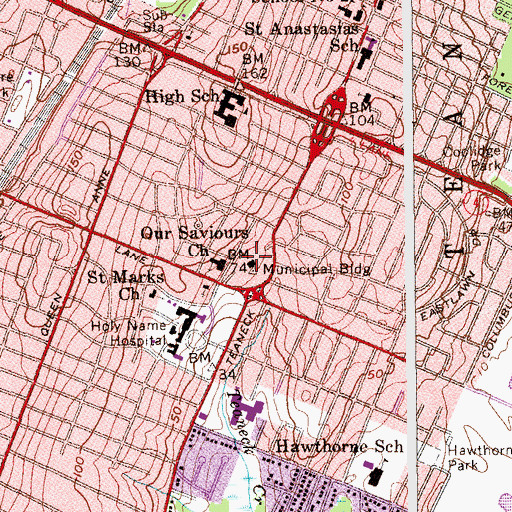 Topographic Map of Teaneck Town Hall, NJ