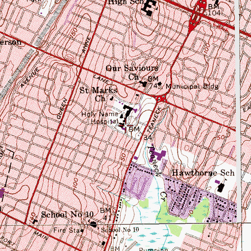 Topographic Map of Holy Name Hospital School of Nursing, NJ