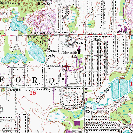 Topographic Map of Waterford Township Hall, MI