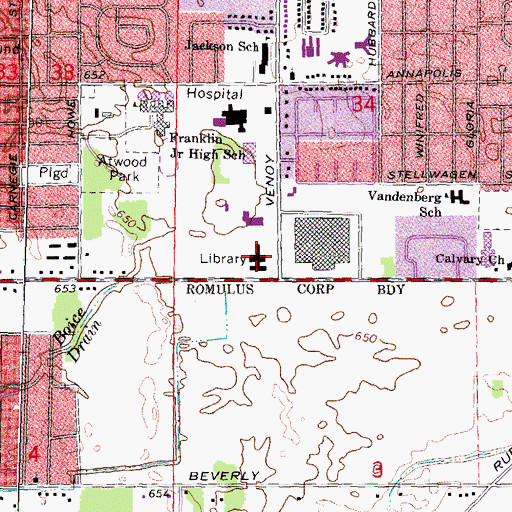 Topographic Map of Wayne Library, MI