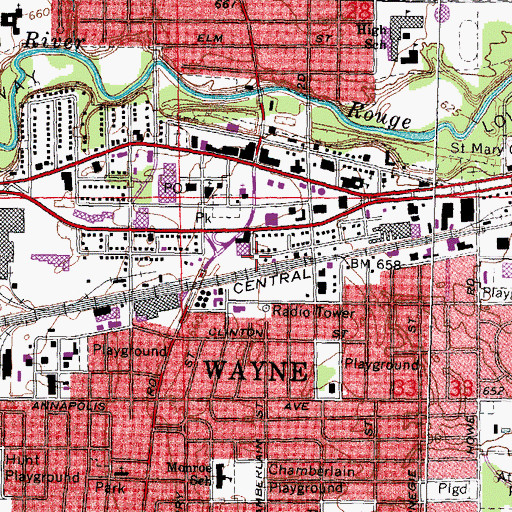 Topographic Map of Wayne Plaza Shopping Center, MI
