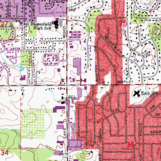 Topographic Map of West Bloomfield Township Library, MI
