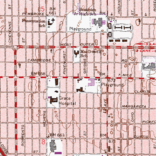 Topographic Map of West Seven Mile Congregational Church of God in Christ, MI