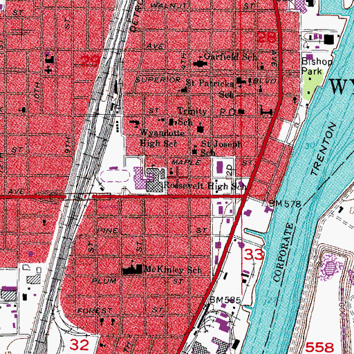 Topographic Map of Wyandotte Downriver Church of God, MI