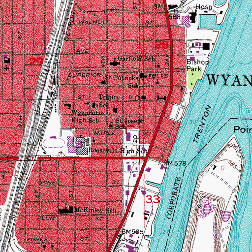 Topographic Map of Wyandotte Fire Department Station 1 Headquarters, MI
