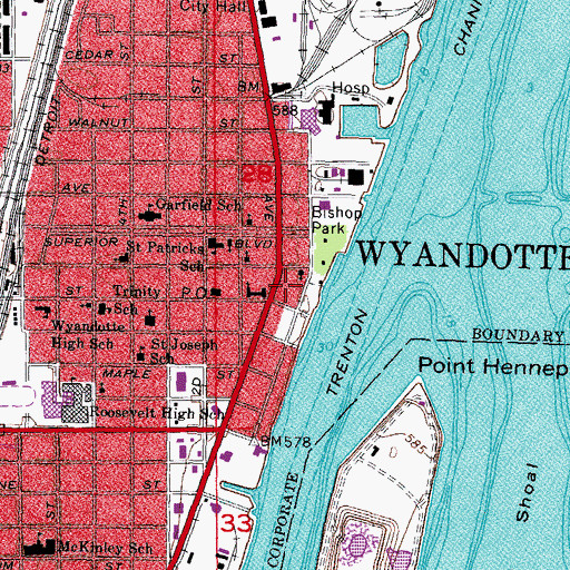 Topographic Map of Wyandotte Library, MI