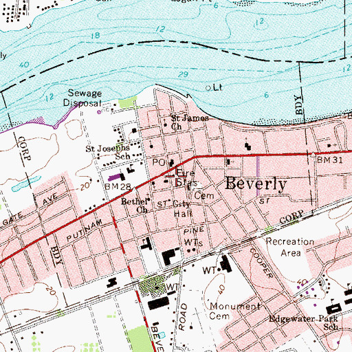 Topographic Map of Beverly Fire Department 2, NJ