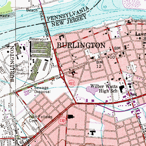 Topographic Map of Burlington Bristol Bridge Police Station, NJ