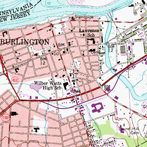 Topographic Map of Burlington Police Department, NJ