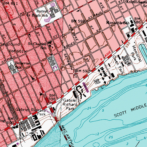 Topographic Map of Saint John Detroit Riverview Hospital, MI