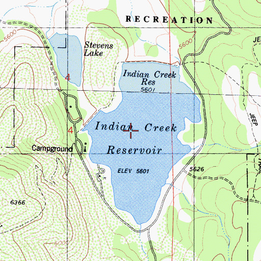 Topographic Map of Indian Creek Reservoir, CA