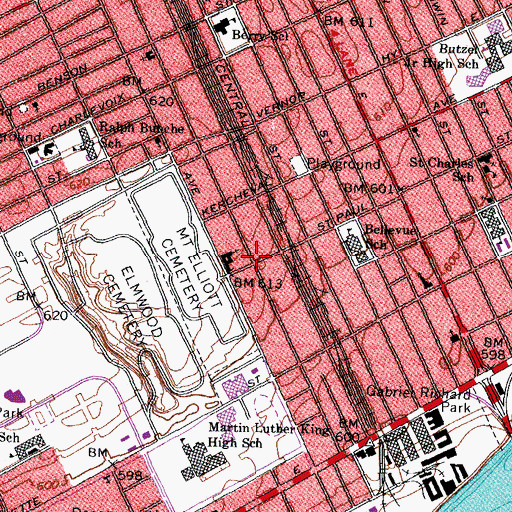 Topographic Map of Second Evergreen Missionary Baptist Church, MI