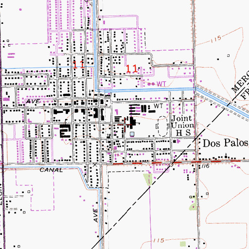 Topographic Map of Dos Palos High School, CA