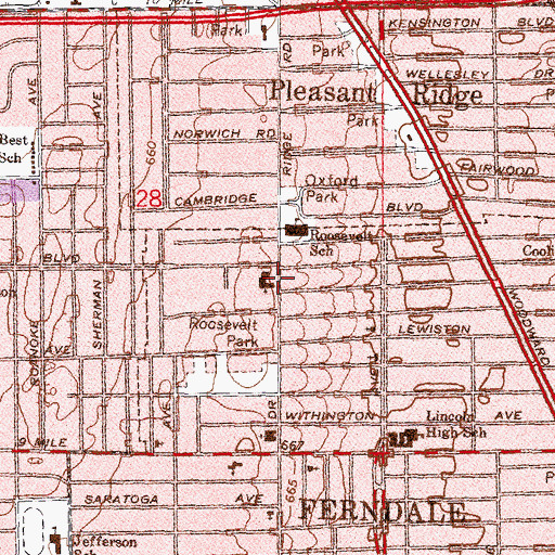 Topographic Map of Drayton Avenue Presbyterian Church of Ferndale, MI