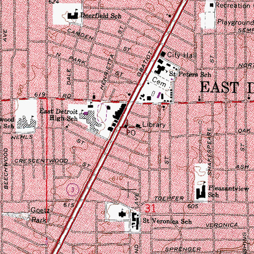 Topographic Map of East Detroit Post Office, MI