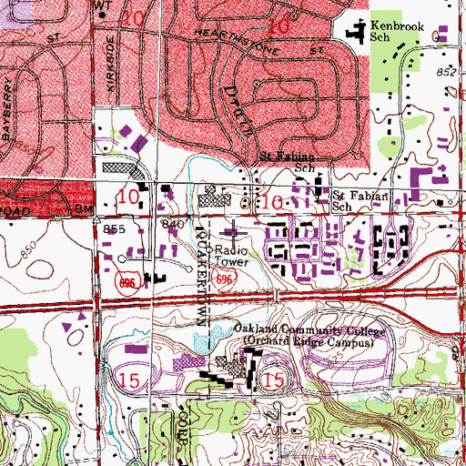 Topographic Map of Farmington Hills Library, MI