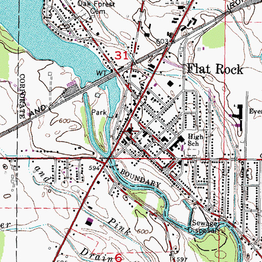Topographic Map of Flat Rock Library, MI