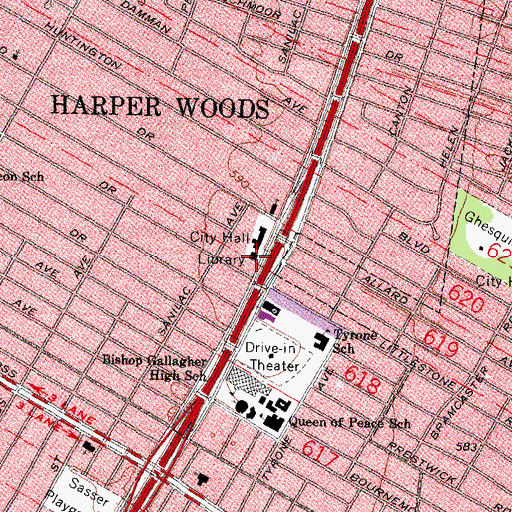 Topographic Map of Harper Woods Public Library, MI