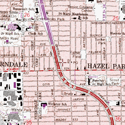 Topographic Map of Hazel Park City Hall, MI