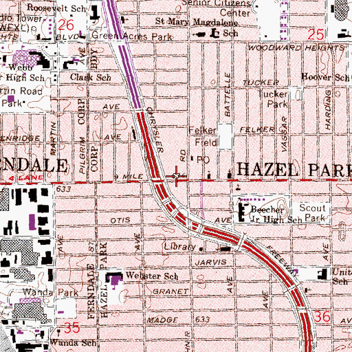 Topographic Map of Hazel Park Memorial Public Library, MI