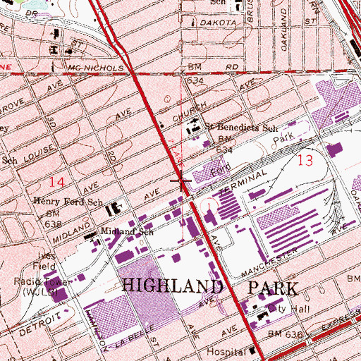 Topographic Map of Highland Park Community High School, MI