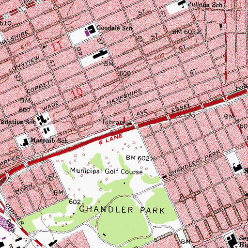 Topographic Map of Chandler Park Library, MI