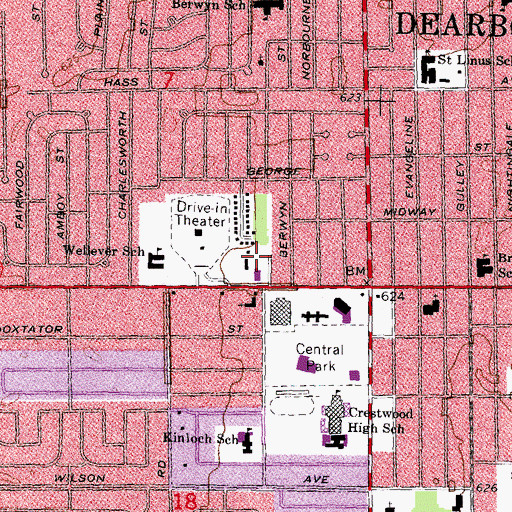 Topographic Map of Dearborn Heights Post Office, MI