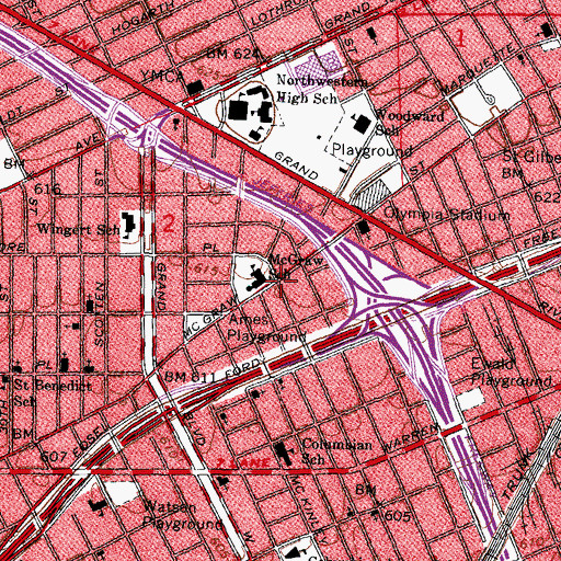 Topographic Map of Detroit City High School, MI