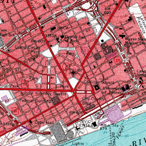Topographic Map of Detroit Downtown Library, MI