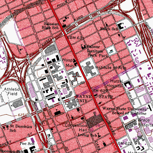Topographic Map of Detroit Main Library, MI