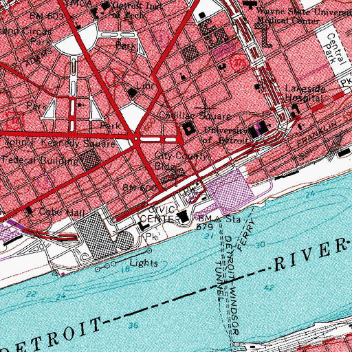 Topographic Map of Detroit Municipal Reference Library, MI