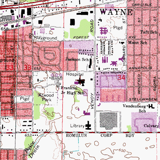 Topographic Map of Beaumont Hospital - Wayne, MI